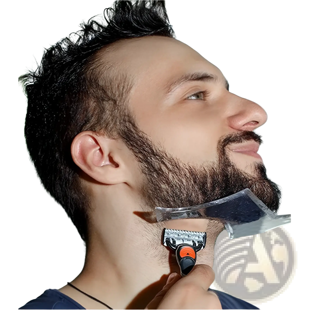 Clear plastic beard shaping tool with black and orange handle designed for precise disposable blade trimming