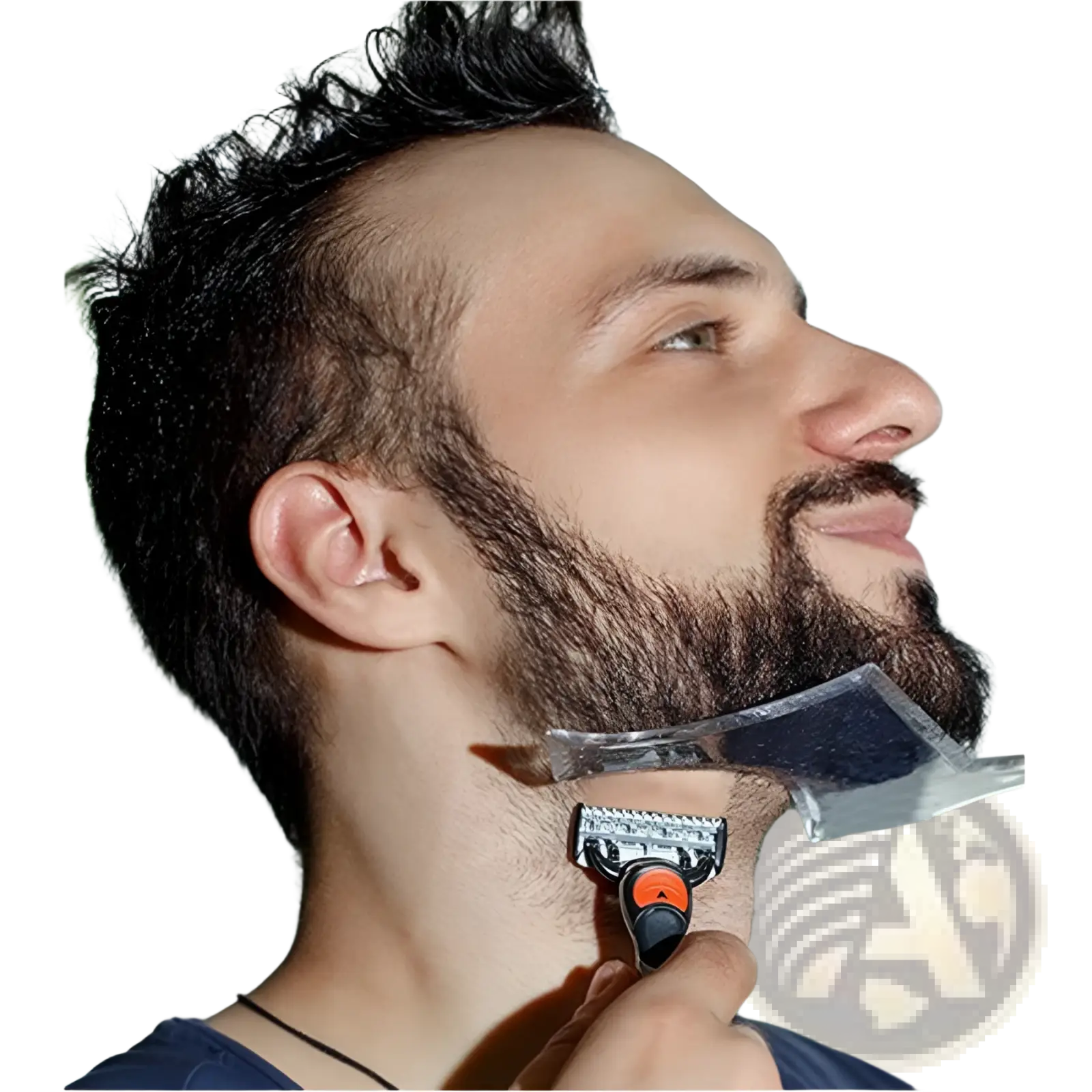 Clear plastic beard shaping tool with black and orange handle designed for precise disposable blade trimming