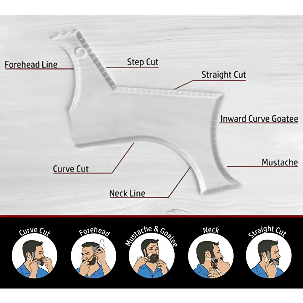 Clear plastic beard shaping tool and template comb for men with a face-shaped guide and labeled cutting edges for precise trimming