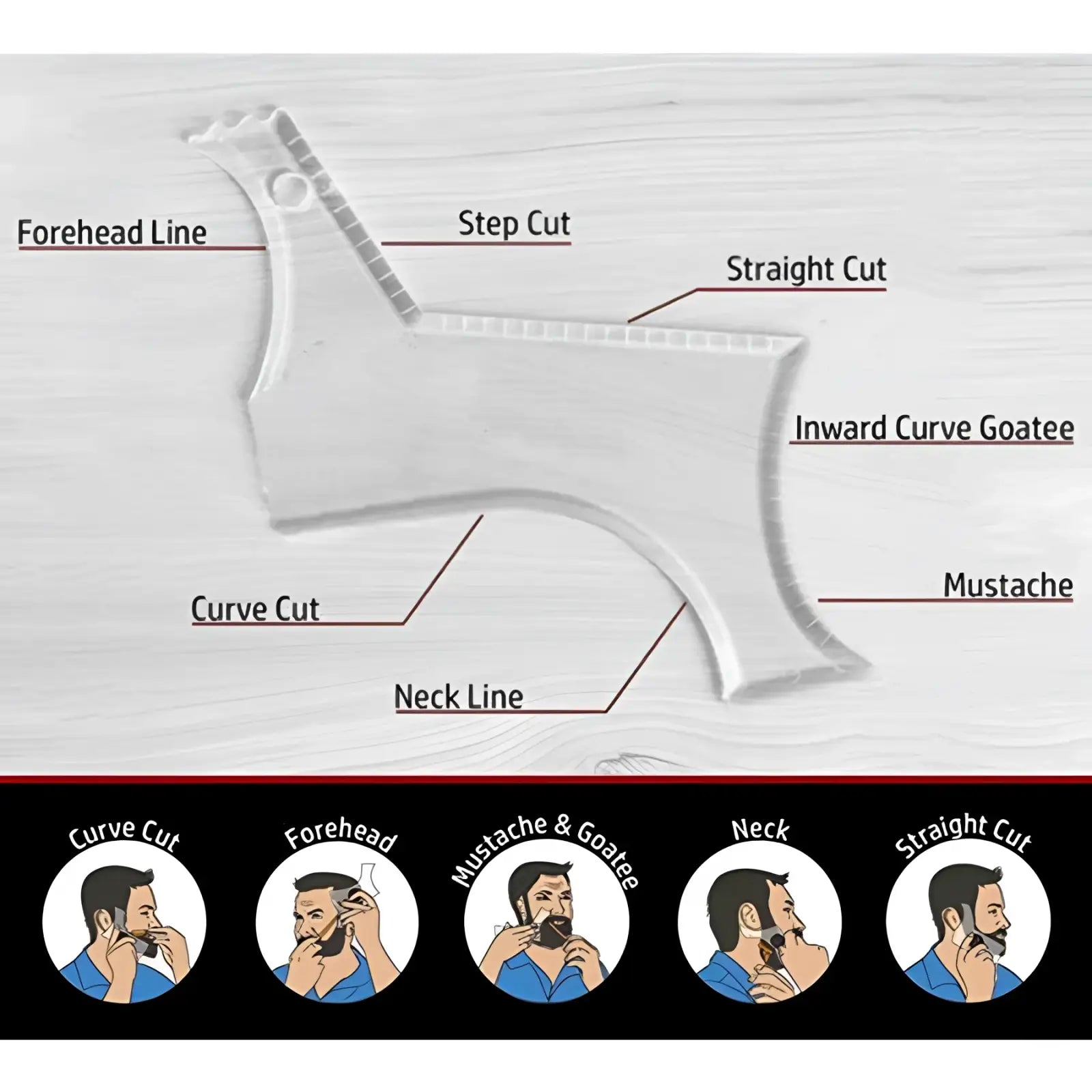 Clear plastic beard shaping tool and template comb for men with a face-shaped guide and labeled cutting edges for precise trimming