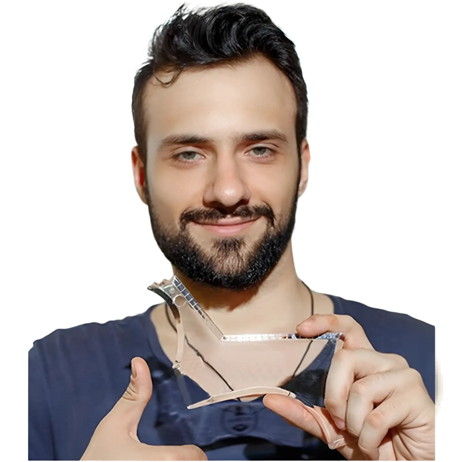 A sleek transparent glass beard shaping tool and template comb for men with modern geometric design and metallic accents