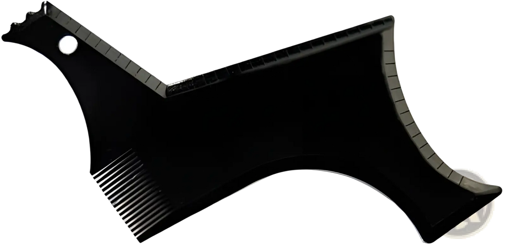Beard shaping tool and template comb for men featuring a black plastic curved dog-shaped design with measurement markings