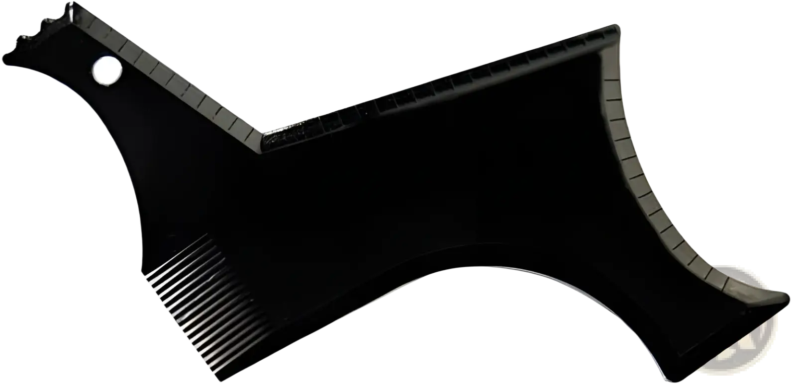 Beard shaping tool and template comb for men featuring a black plastic curved dog-shaped design with measurement markings