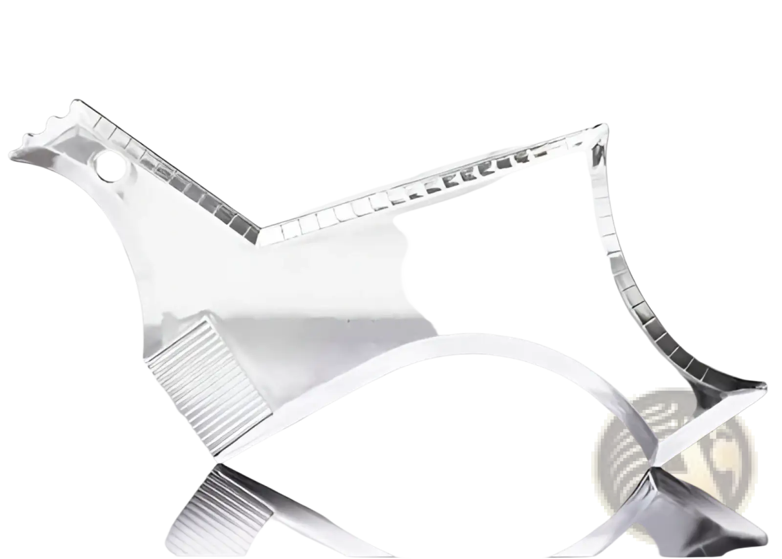 Clear acrylic bird-shaped award with sleek modern design and textured edges shown with beard shaping tool and template comb for men