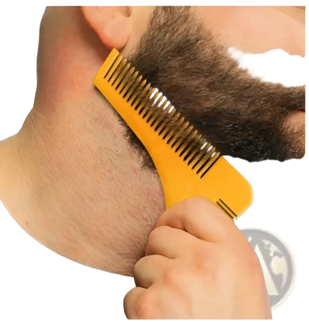 Yellow plastic beard shaping tool template with integrated narrow-tooth comb and curved handle for precise grooming
