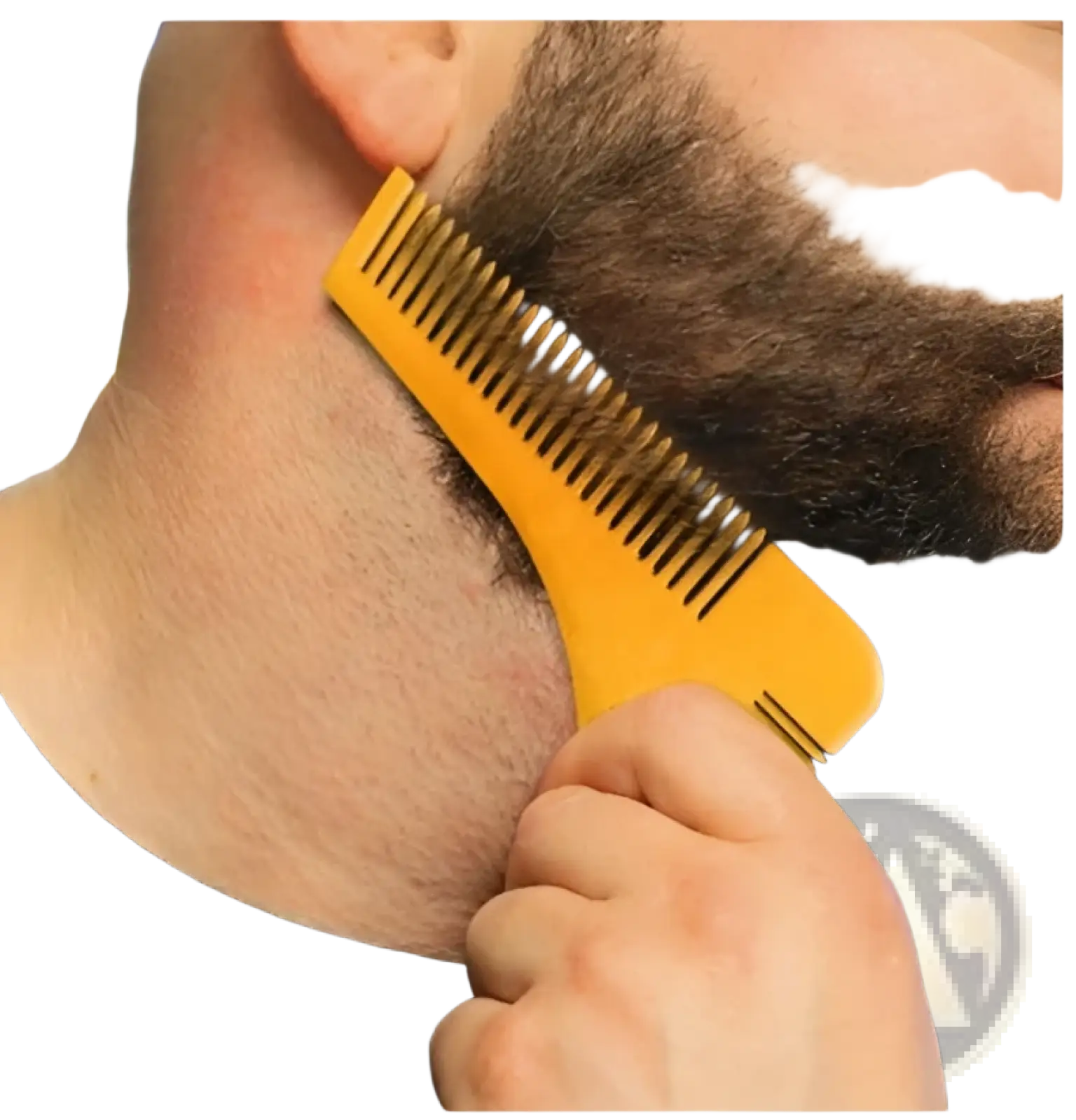 Yellow plastic beard shaping tool template with integrated narrow-tooth comb and curved handle for precise grooming