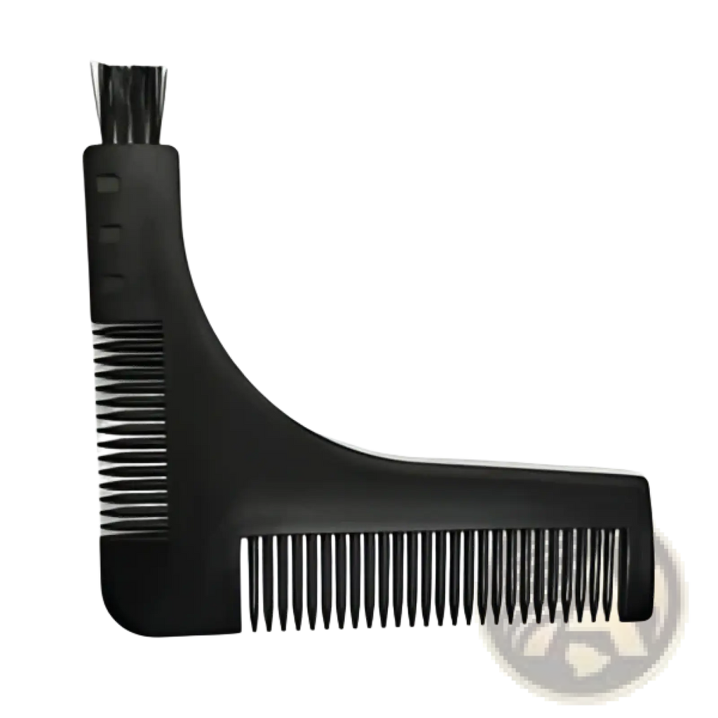 Black plastic beard shaping tool template with integrated comb and brush for precise grooming and styling
