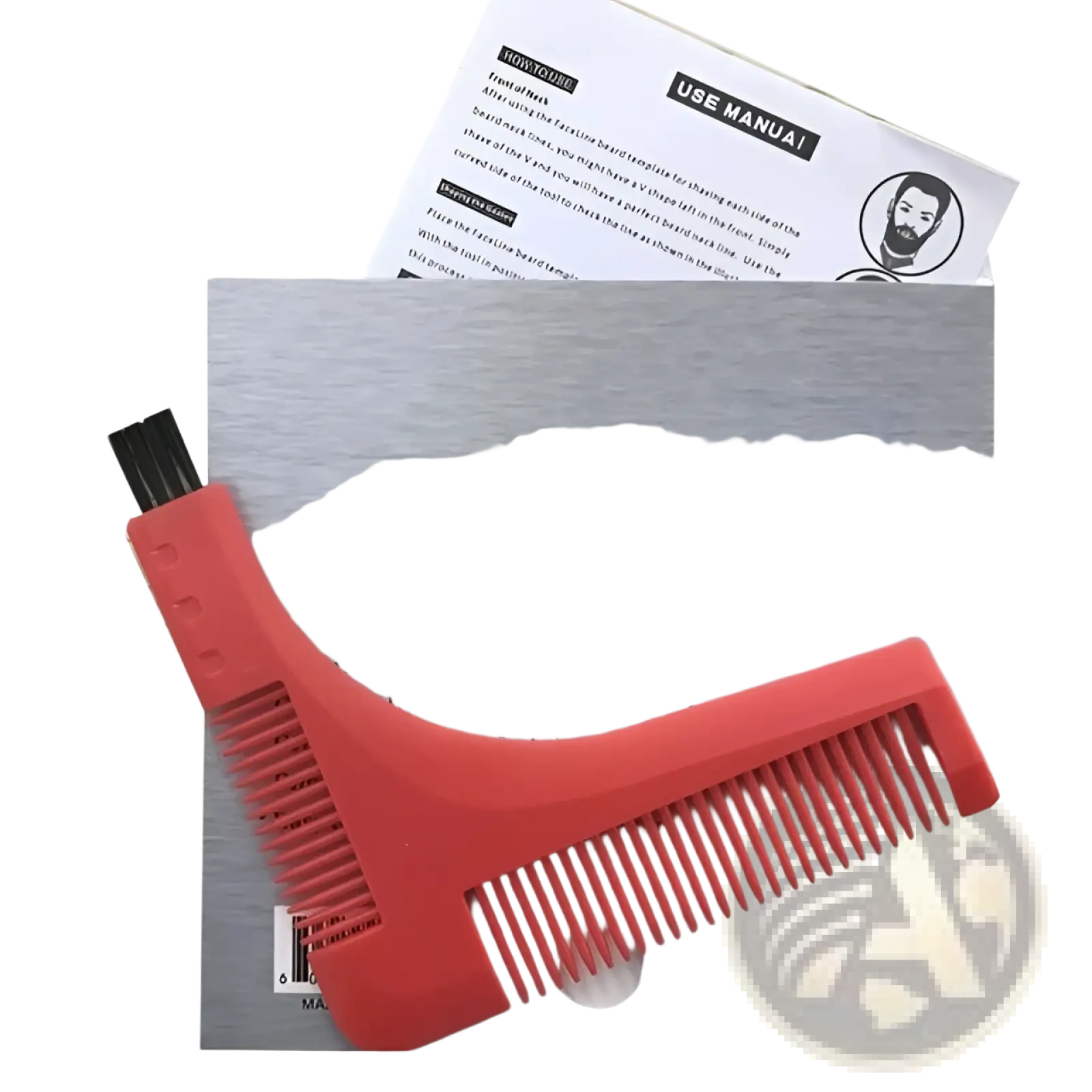 Red plastic beard shaping tool template with integrated comb and brush attachment for precise grooming