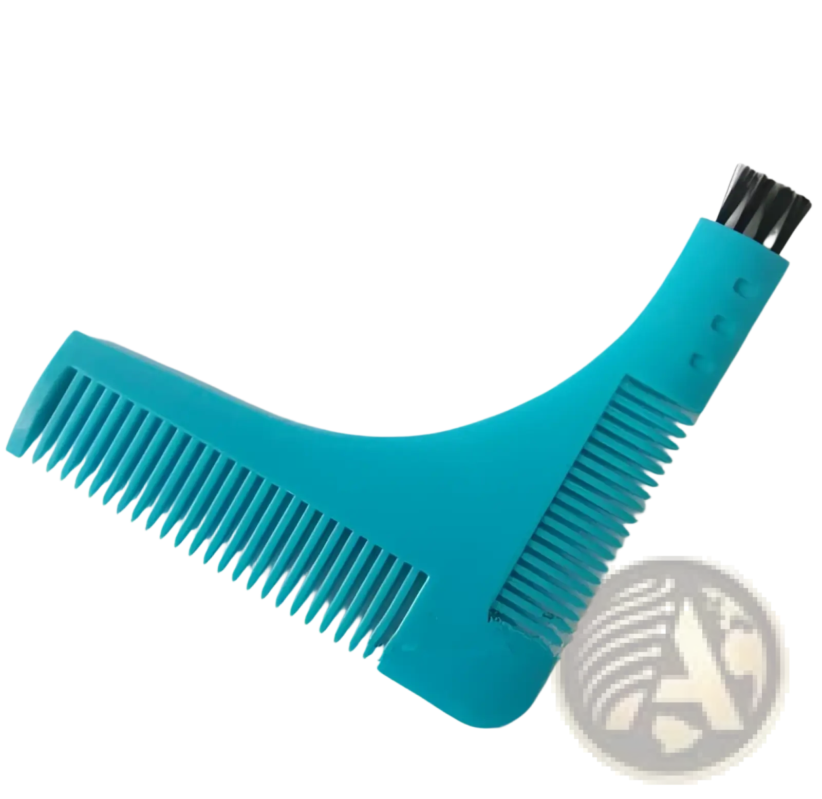 Turquoise plastic beard shaping tool template with integrated comb and brush for precise beard grooming
