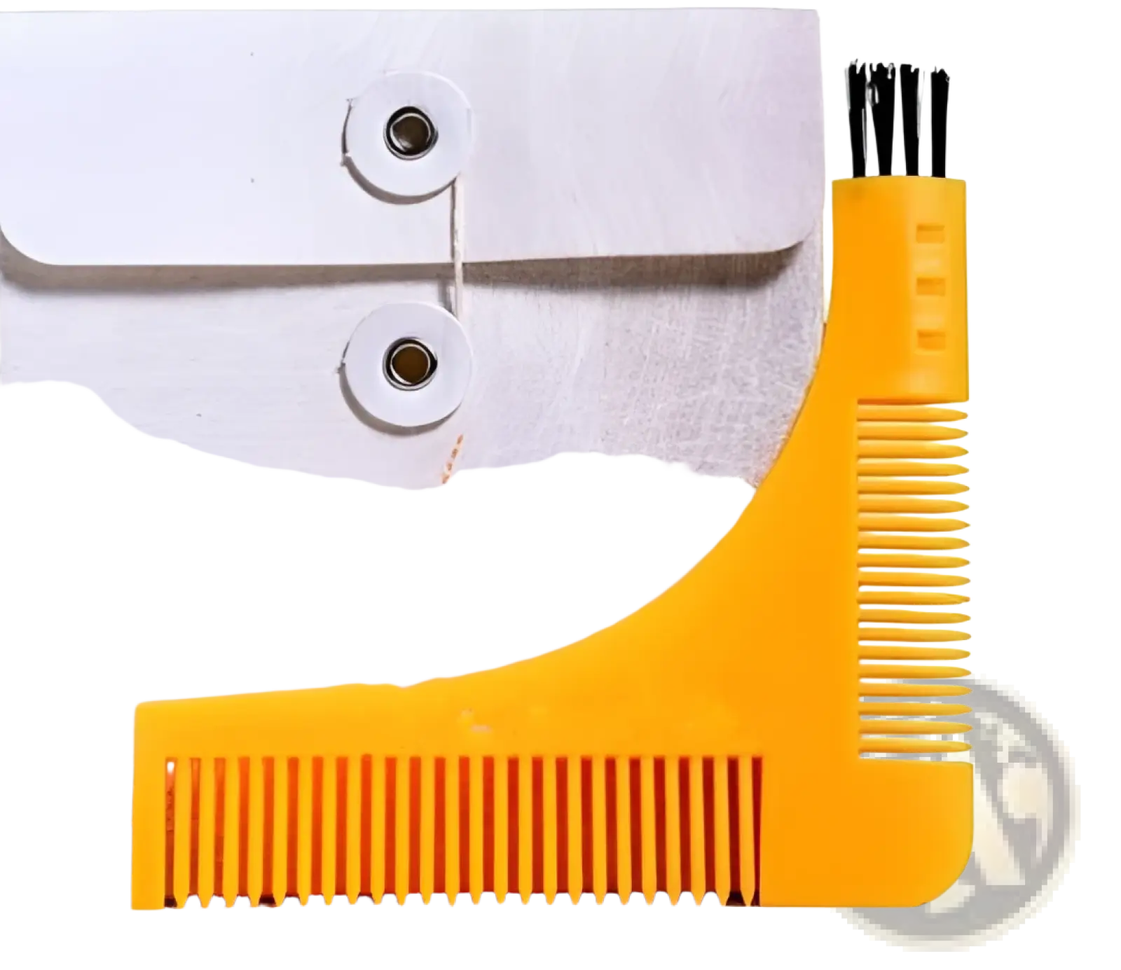 Bright yellow plastic beard shaping tool template with integrated comb and brush attachment by groomarang