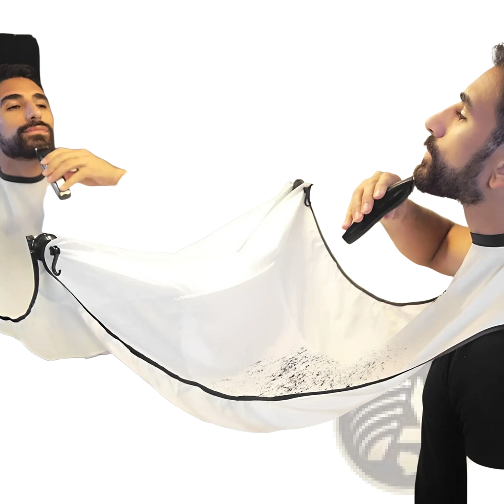 White fabric beard shaving catcher waterproof hair grooming apron with black trim and elasticated edges to catch hair