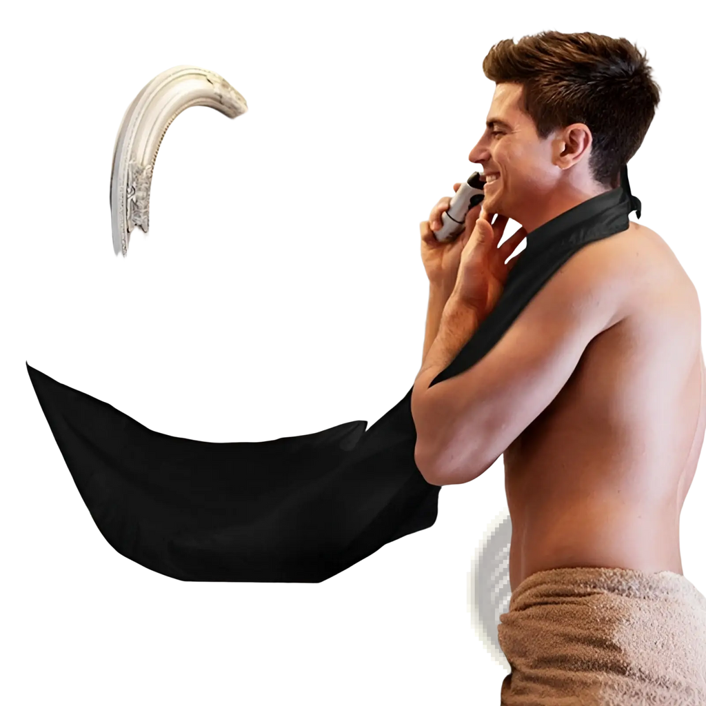 Black fabric barber cape waterproof beard shaving catcher apron draped over shoulder and hanging down