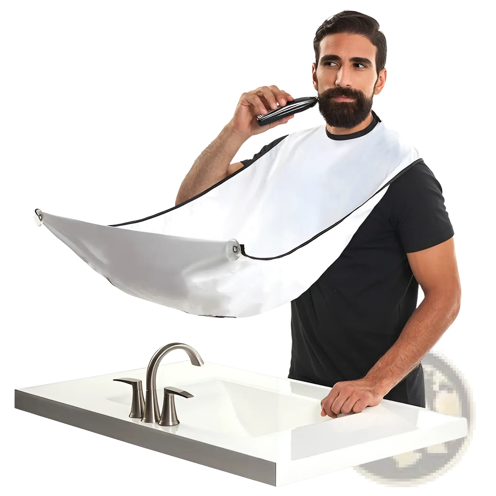 White plastic beard shaving catcher waterproof hair grooming apron with black trim designed for easy hair collection