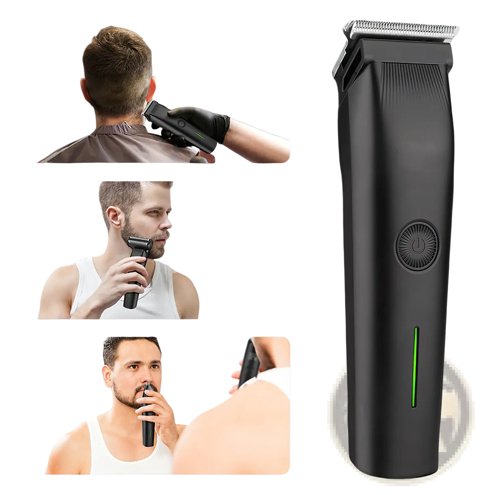 Black cordless electric beard trimmer with sleek ergonomic design and metallic cutting head in 3 in 1 grooming kit