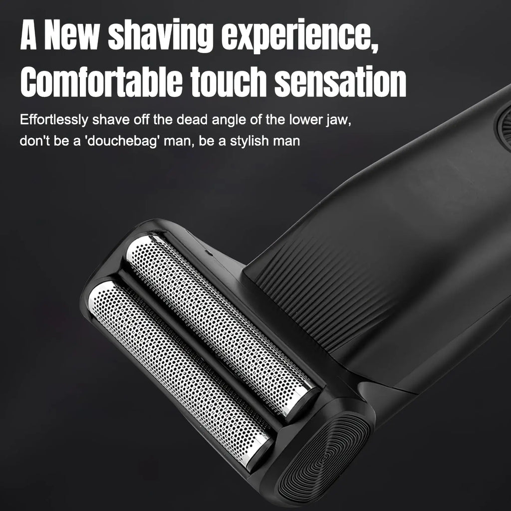 Black electric beard trimmer 3 in 1 mens grooming kit with two metallic perforated shaving heads and textured grip
