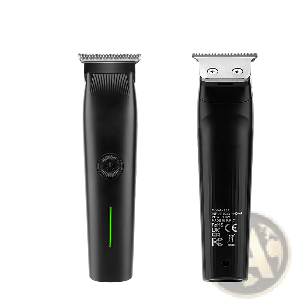 Black beard trimmer 3 in 1 mens grooming kit with silver metallic blade head and green power indicator light