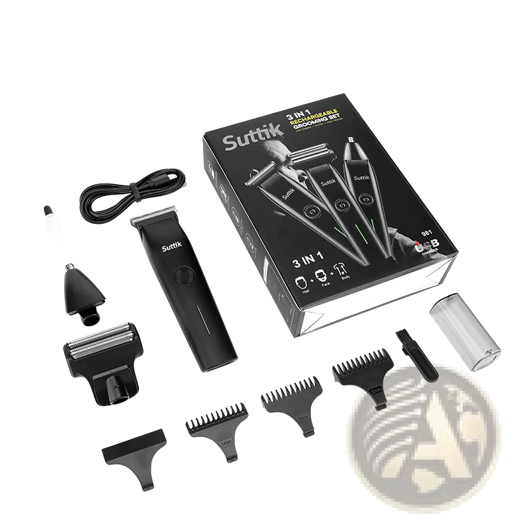 Black suttik 3-in-1 rechargeable beard trimmer and hair clippers grooming kit with multiple attachments and lithium battery