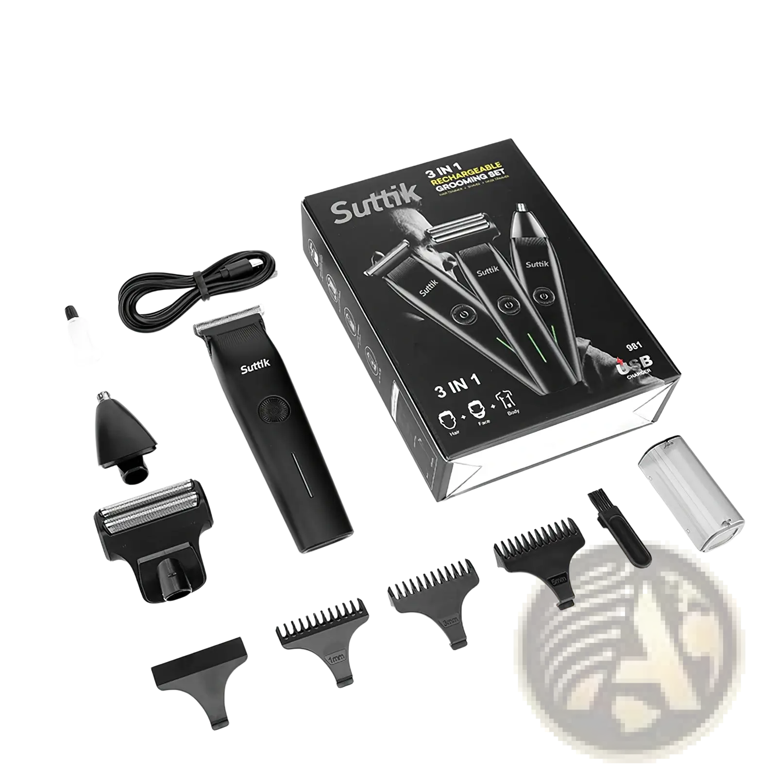 Black suttik 3-in-1 rechargeable beard trimmer and hair clippers grooming kit with multiple attachments and lithium battery