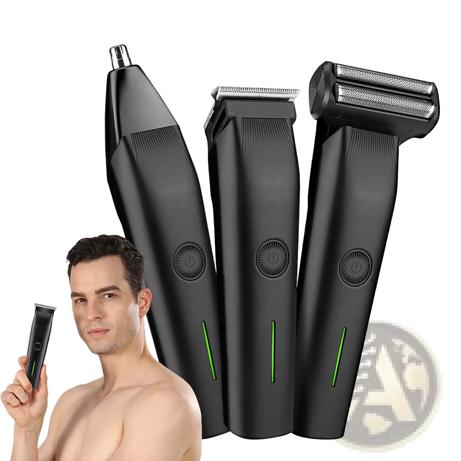 Black electric beard trimmer 3 in 1 mens grooming kit with nose ear trimmer body clipper and foil shaver with green lighting