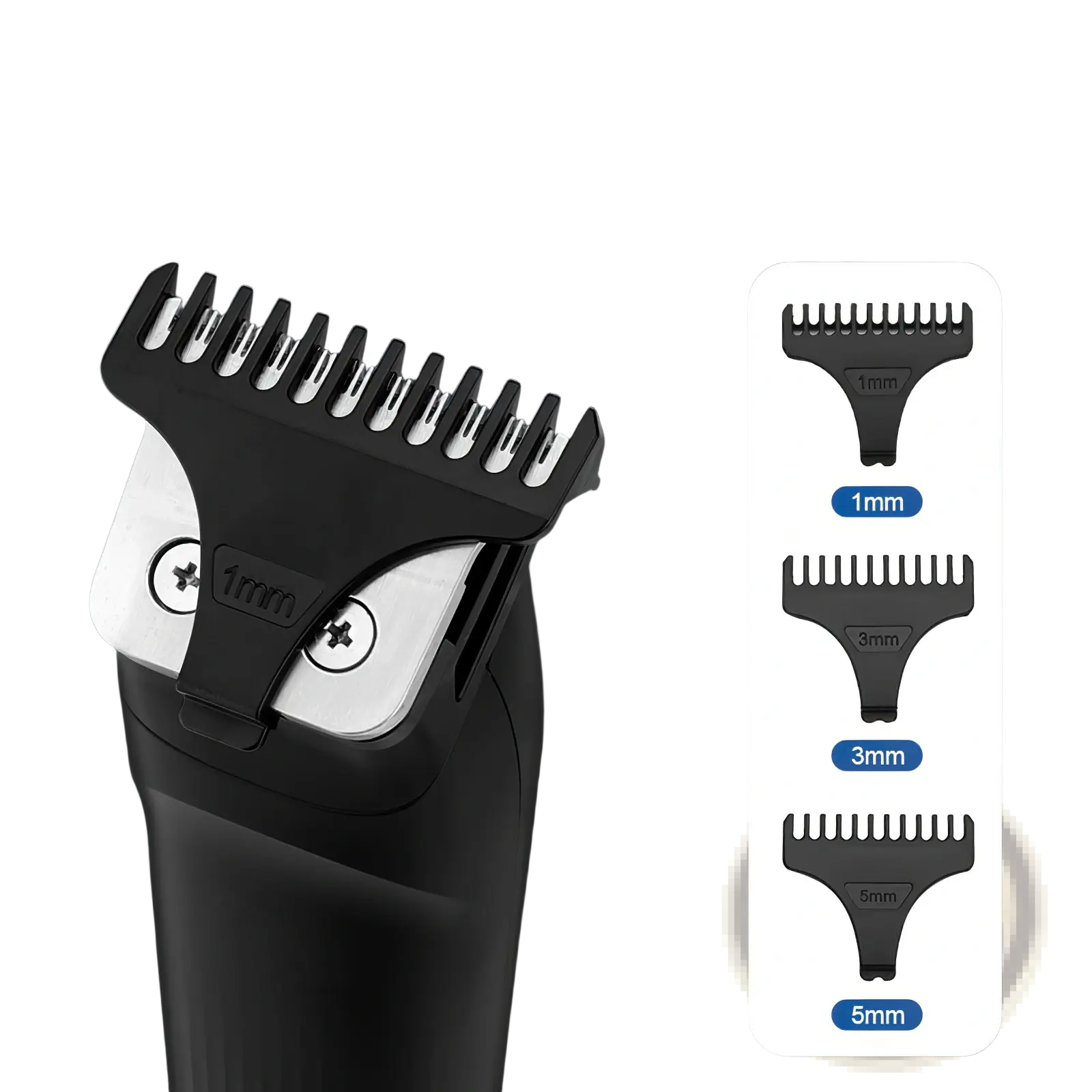 Black and silver precision beard trimmer and hair clipper with three interchangeable guide combs for mens grooming