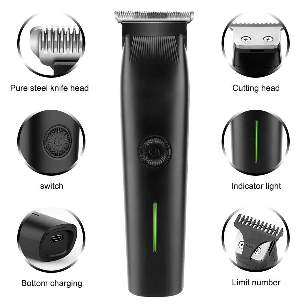 Black electric beard trimmer with a sleek textured body and interchangeable cutting heads in a 3 in 1 mens grooming kit