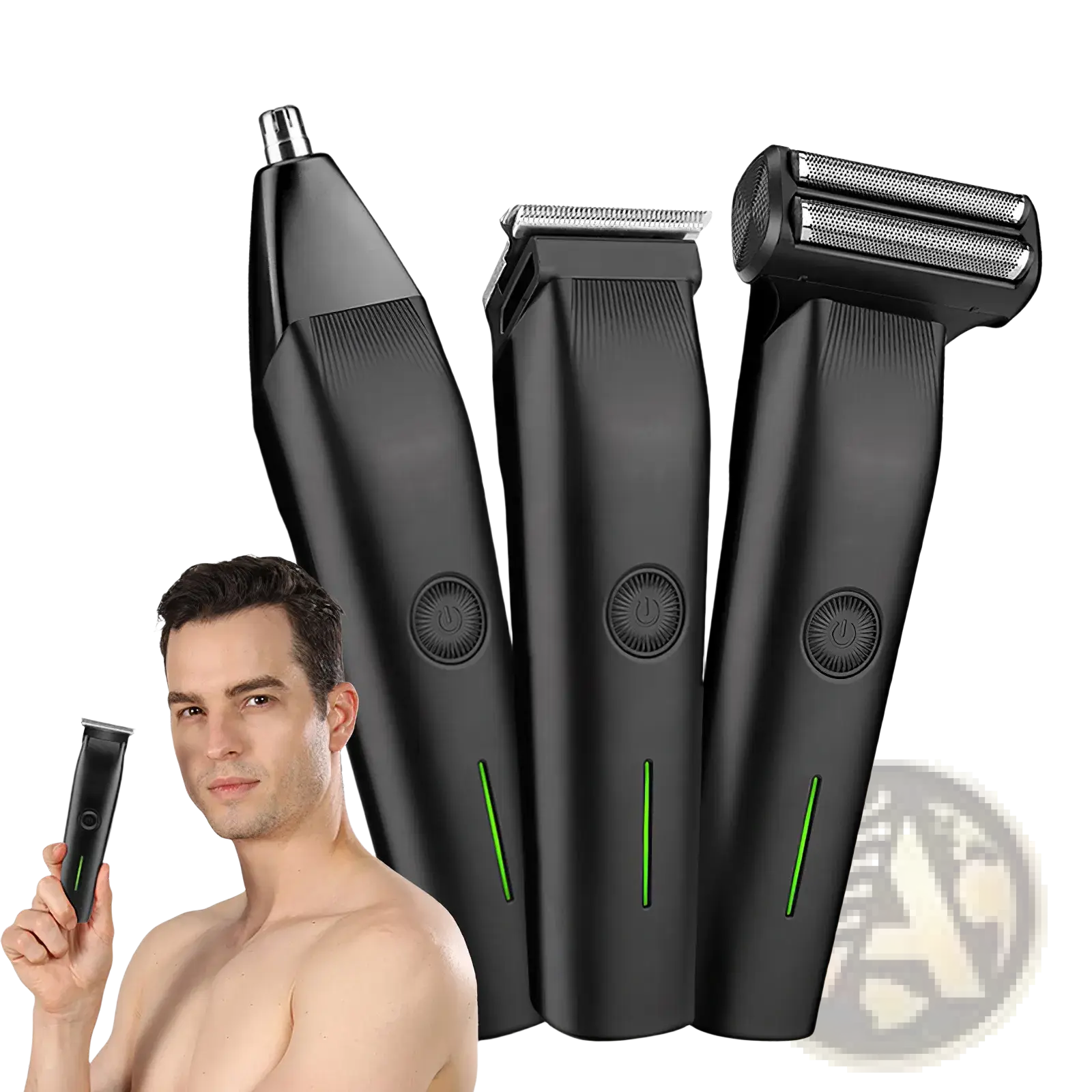 Black multi-tool electric grooming set with nose and ear trimmer body clipper and foil shaver green accents in beard trimmer 3 in 1 mens hair clipper grooming kit