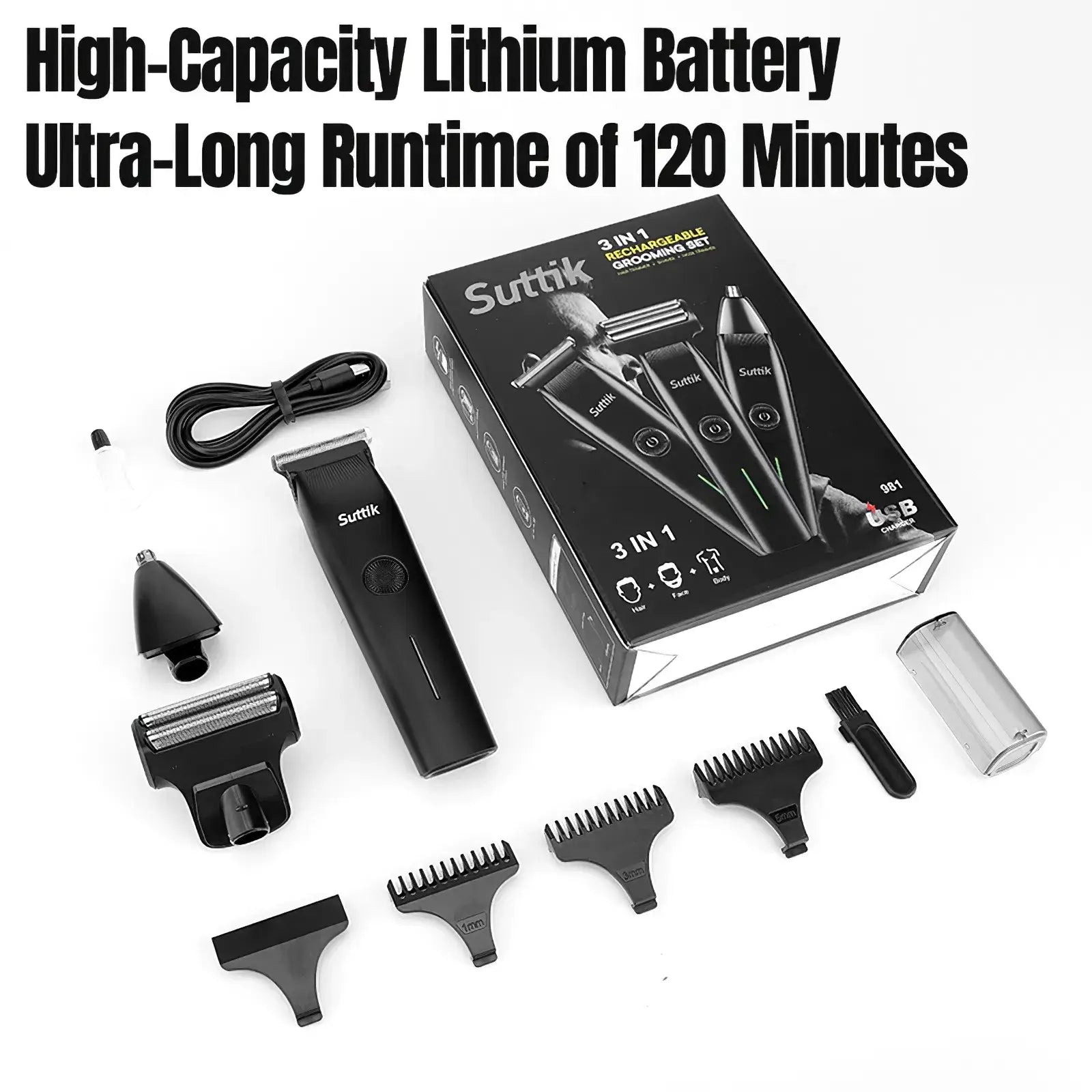 Black suttik 3-in-1 rechargeable beard trimmer grooming kit with multiple attachments and lithium battery