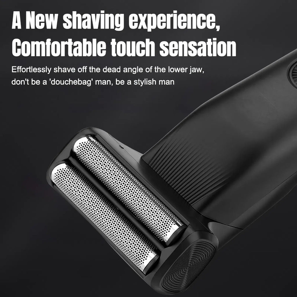 Black electric beard trimmer 3 in 1 with two metallic perforated shaving heads and textured grip for mens grooming