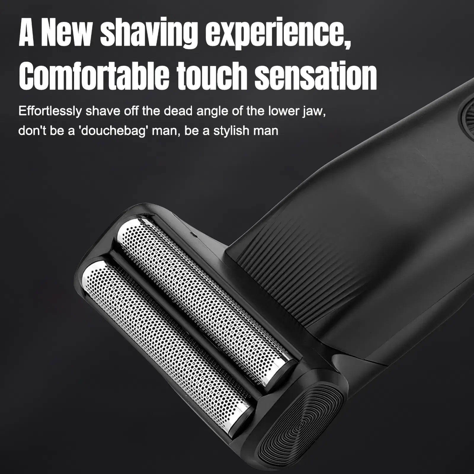 Black electric beard trimmer 3 in 1 with two metallic perforated shaving heads and textured grip for mens grooming
