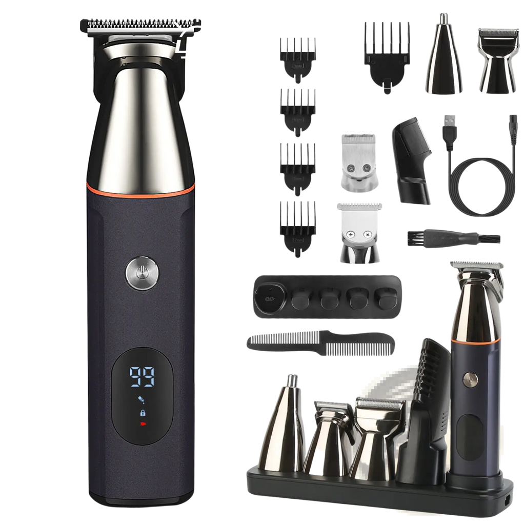 Black and silver electric beard trimmer with orange accent ring digital display and multiple attachments grooming kit