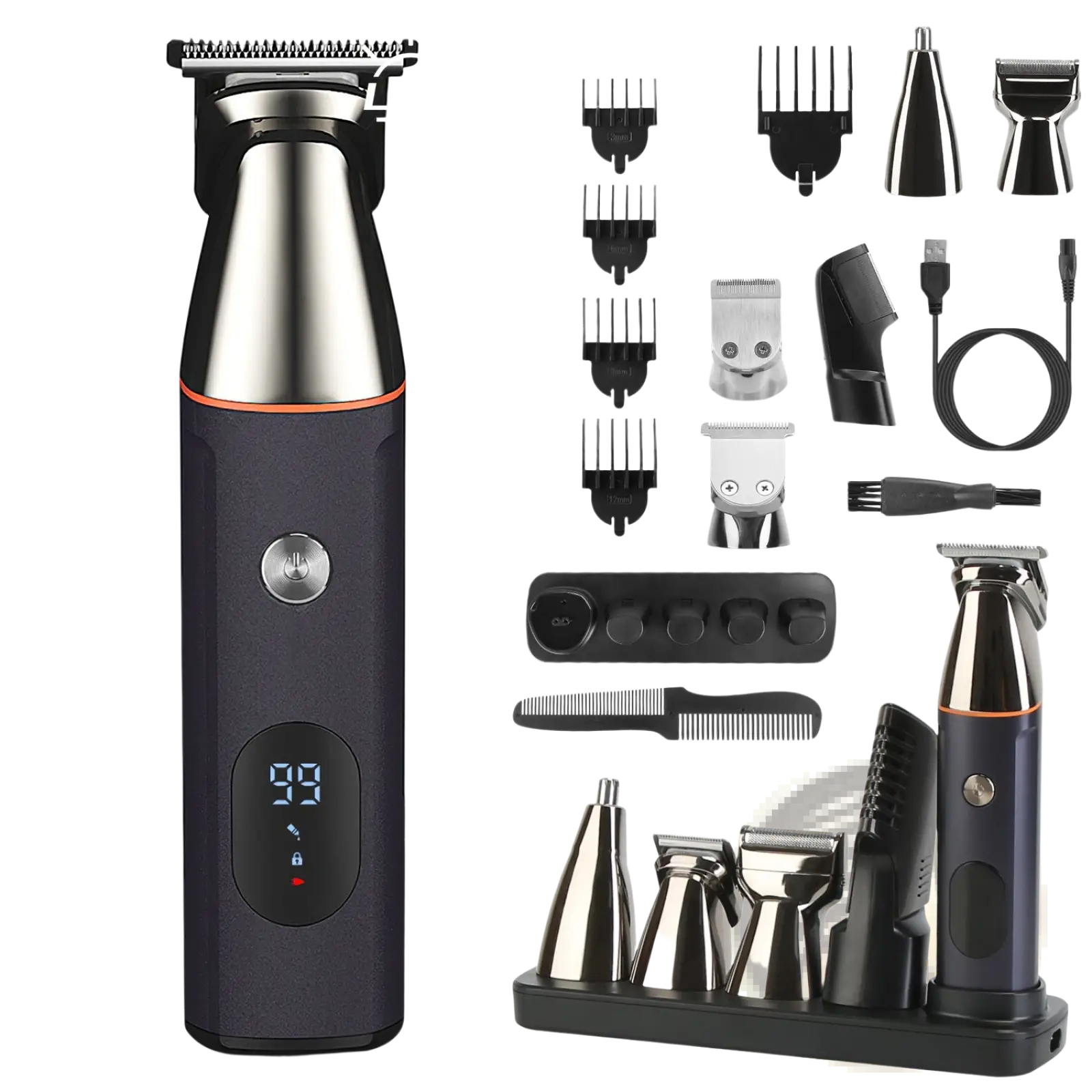Black and silver electric beard trimmer with orange accent ring digital display and multiple attachments grooming kit