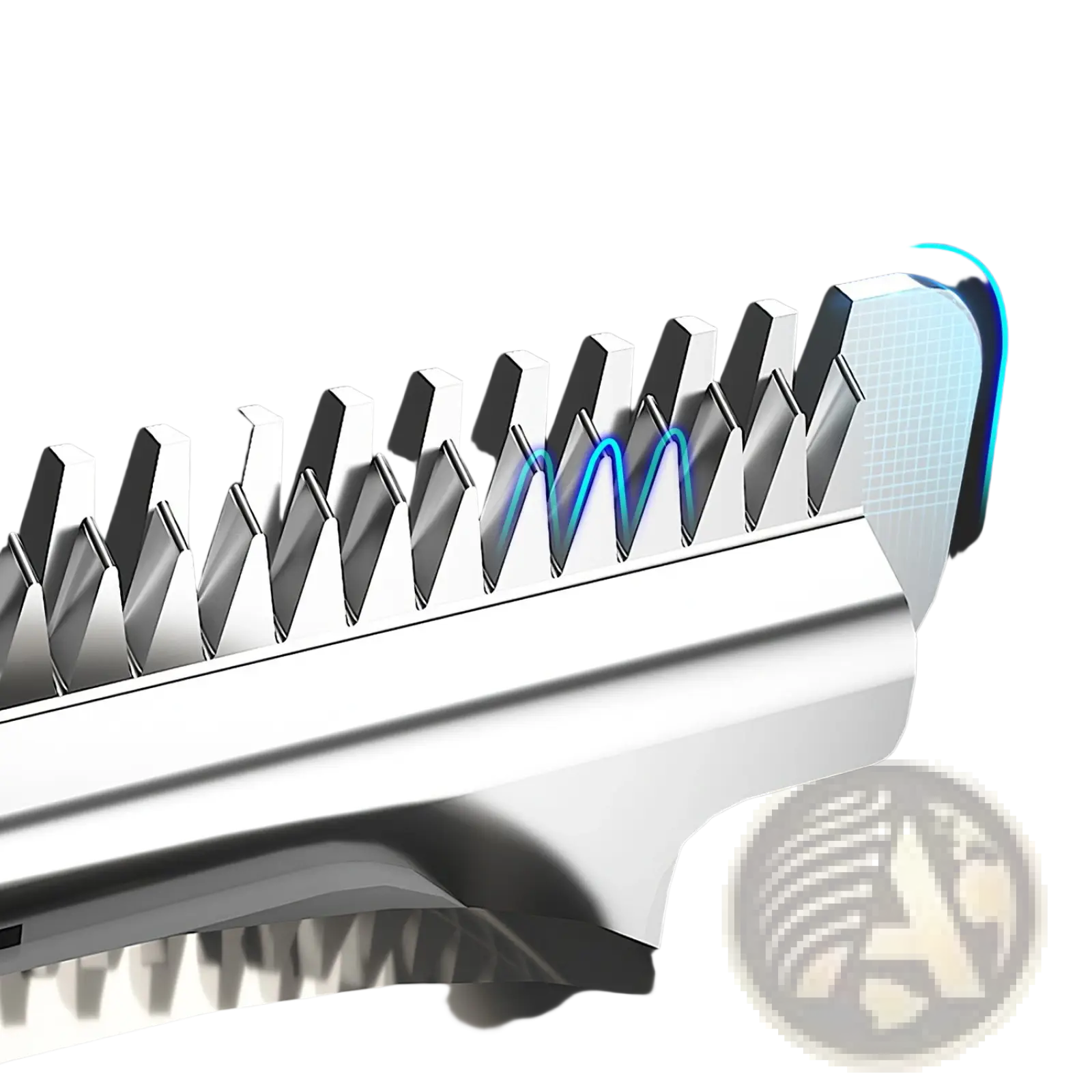 Silver-colored finely crafted r-shaped steel blades of beard trimmer 5 in 1 ipx5 waterproof grooming kit for precise trimming