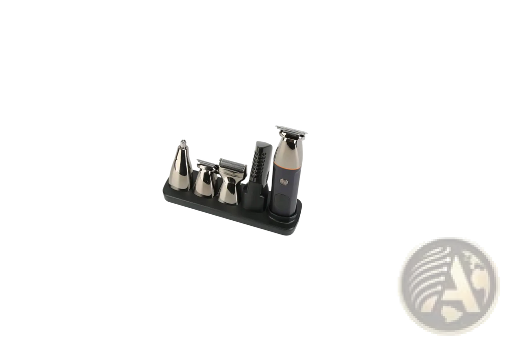 Black and silver electric beard trimmer 5 in 1 ipx5 waterproof grooming kit with multiple attachments on charging stand