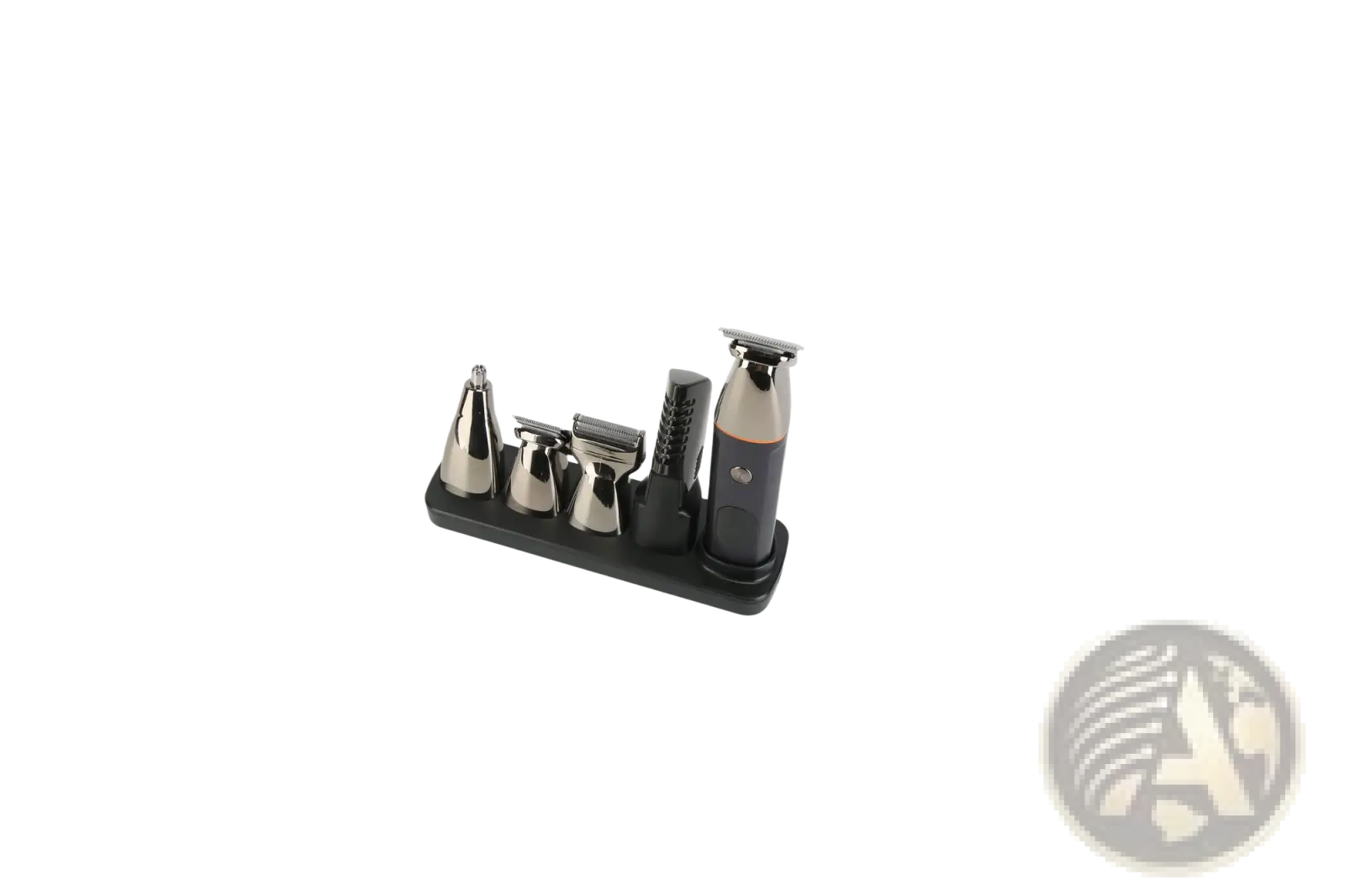Black and silver electric beard trimmer 5 in 1 ipx5 waterproof grooming kit with multiple attachments on charging stand