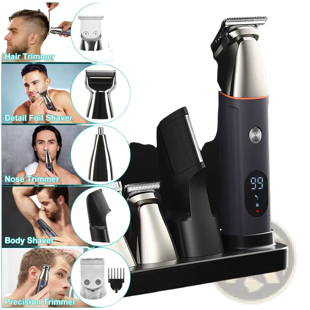 Black and silver electric beard trimmer 5 in 1 waterproof grooming kit with multiple attachments for versatile use