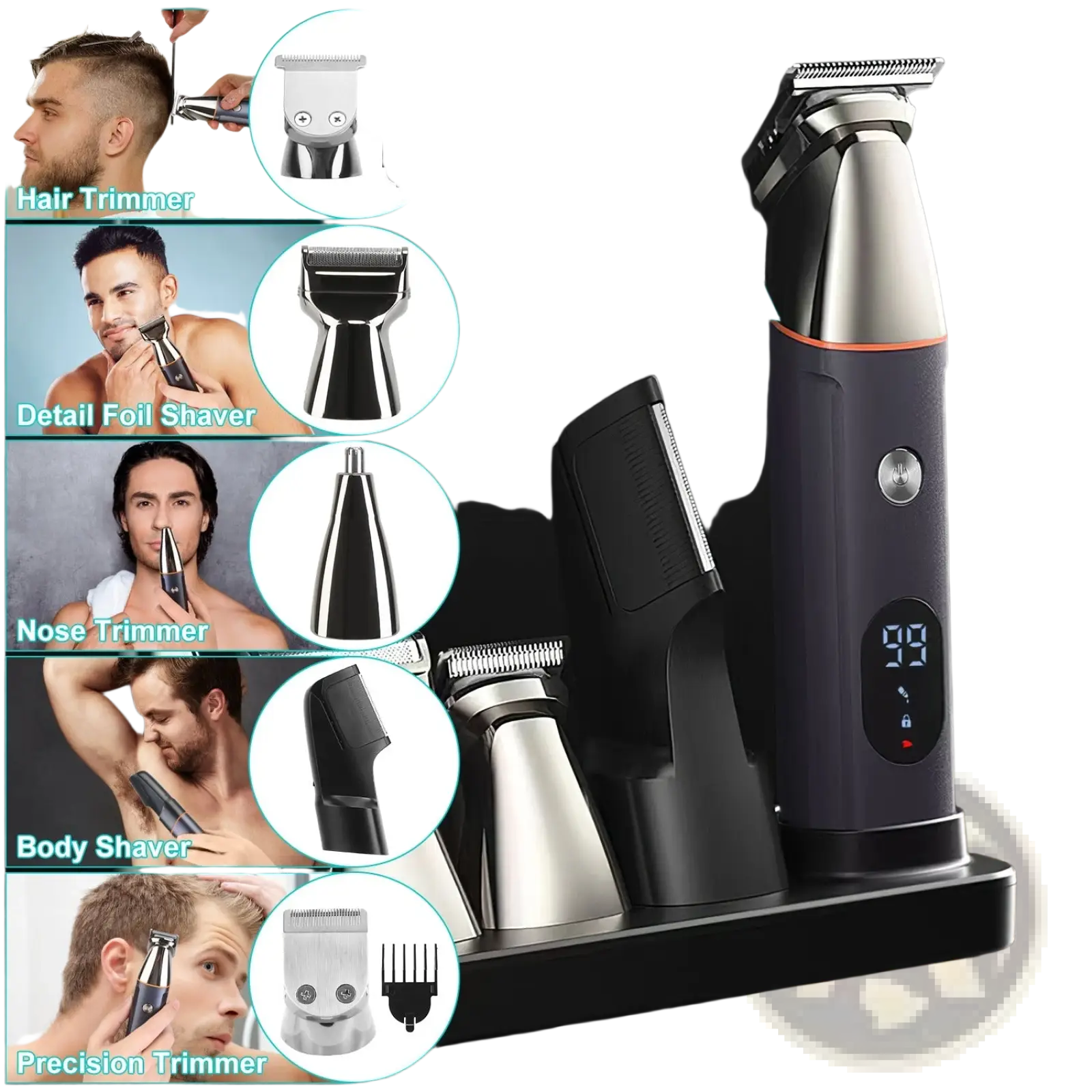 Black and silver electric beard trimmer 5 in 1 waterproof grooming kit with multiple attachments for versatile use