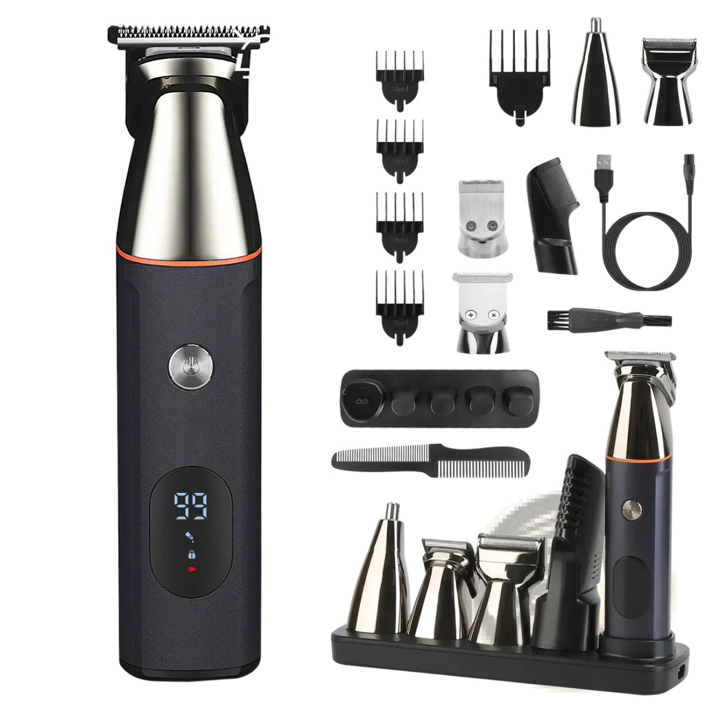 Black and silver electric beard trimmer with orange accent ring and digital display screen for men 5 in 1 ipx5 waterproof kit