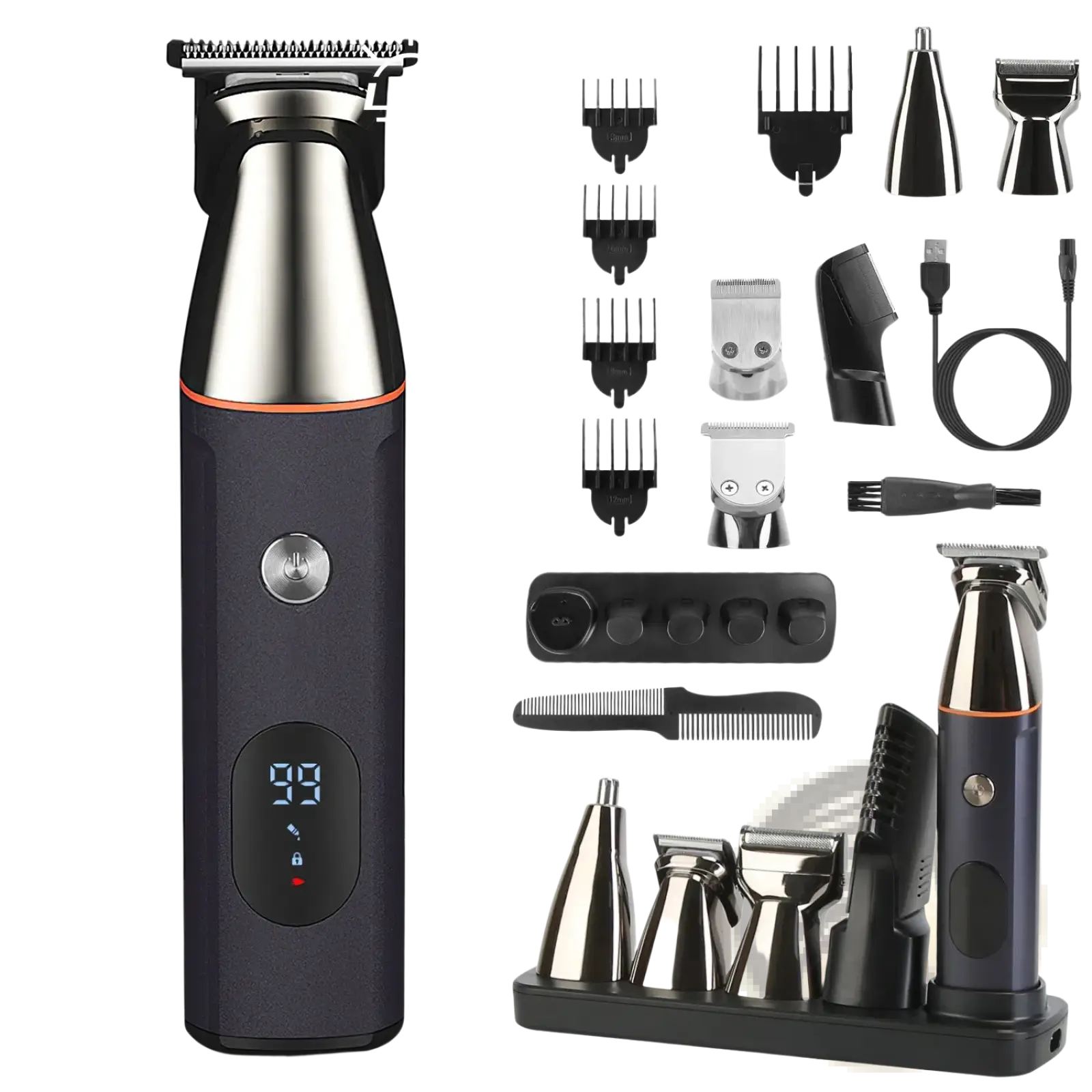 Black and silver electric beard trimmer with orange accent ring and digital display screen for men 5 in 1 ipx5 waterproof kit
