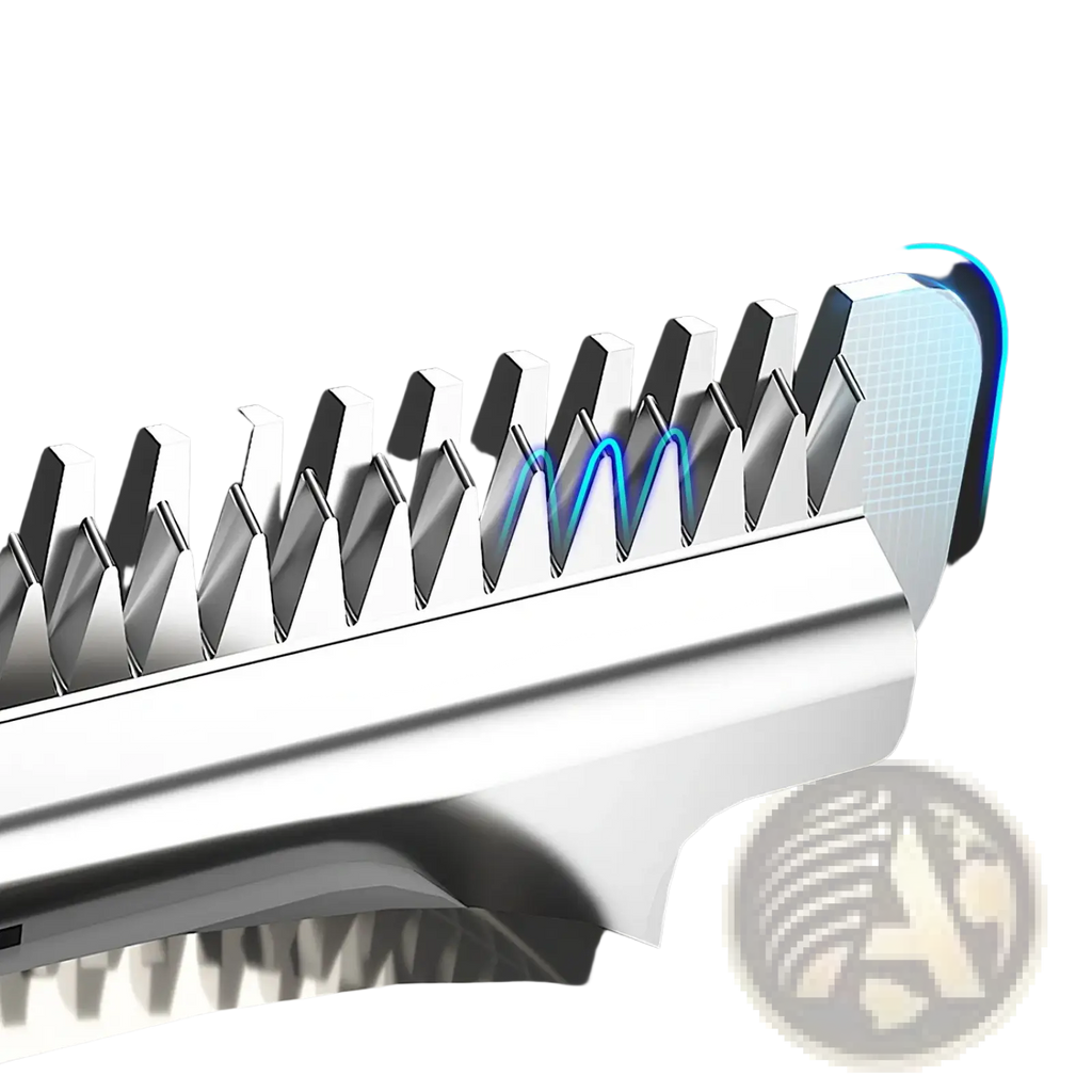 Silver r-shaped sharp steel blades of the beard trimmer for men 5 in 1 ipx5 waterproof kit designed for precise cutting