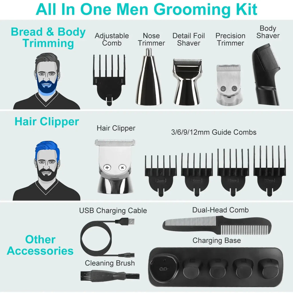 Silver and black electric beard trimmer for men with interchangeable guide combs and ipx5 waterproof design for precise grooming