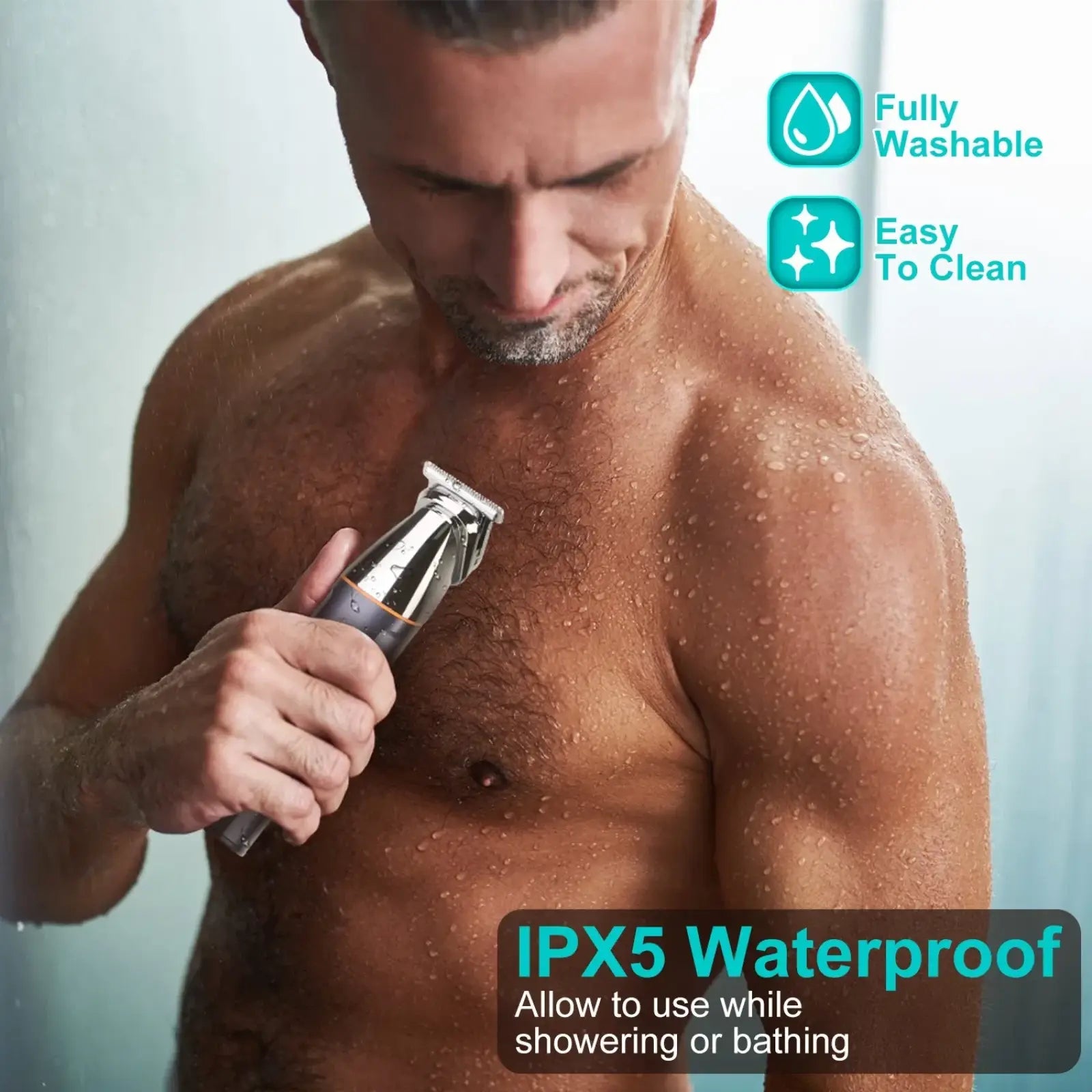 Silver and black electric beard trimmer for men 5 in 1 with sleek modern design and ipx5 waterproof feature
