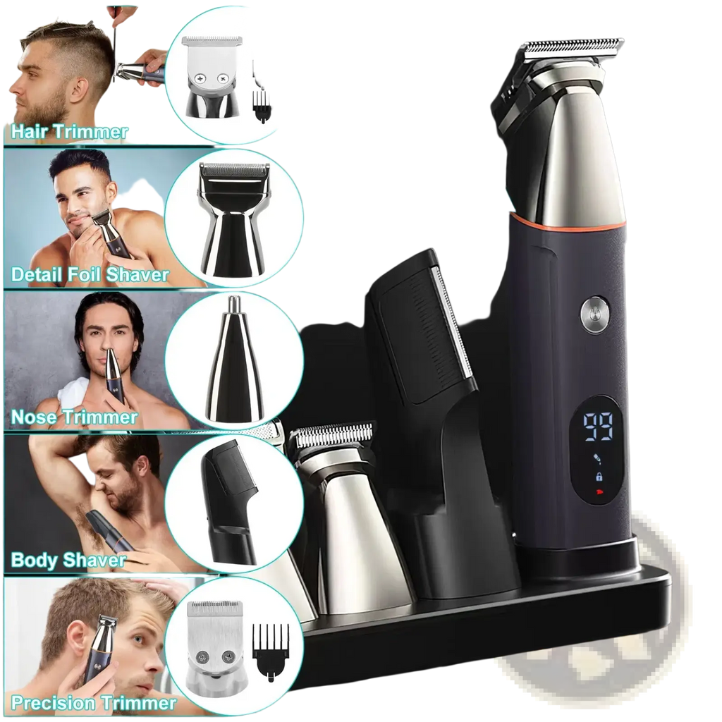 Black and silver electric beard trimmer for men 5 in 1 ipx5 waterproof kit with multiple grooming attachments
