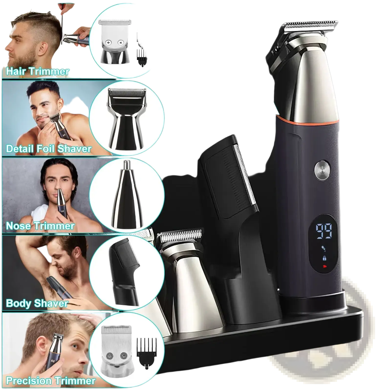 Black and silver electric beard trimmer for men 5 in 1 ipx5 waterproof kit with multiple grooming attachments