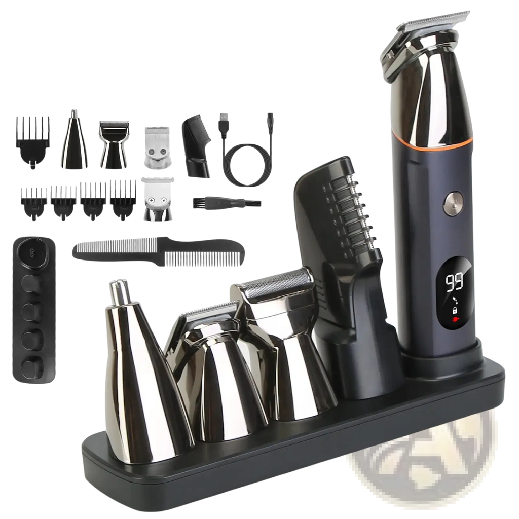 Black and silver 5 in 1 beard trimmer for men with led display safety lock ipx5 waterproof refined steel blades and multiple attachments