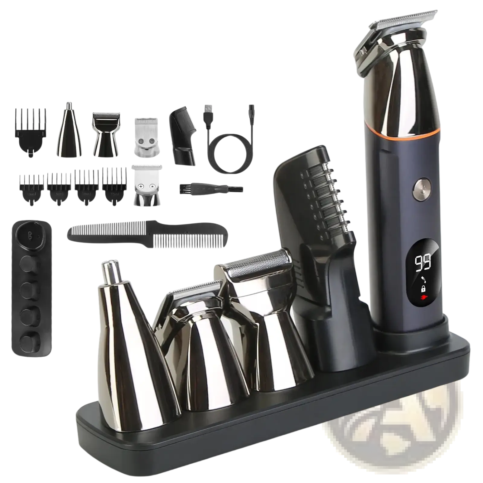 Black and silver 5 in 1 beard trimmer for men with led display safety lock ipx5 waterproof refined steel blades and multiple attachments