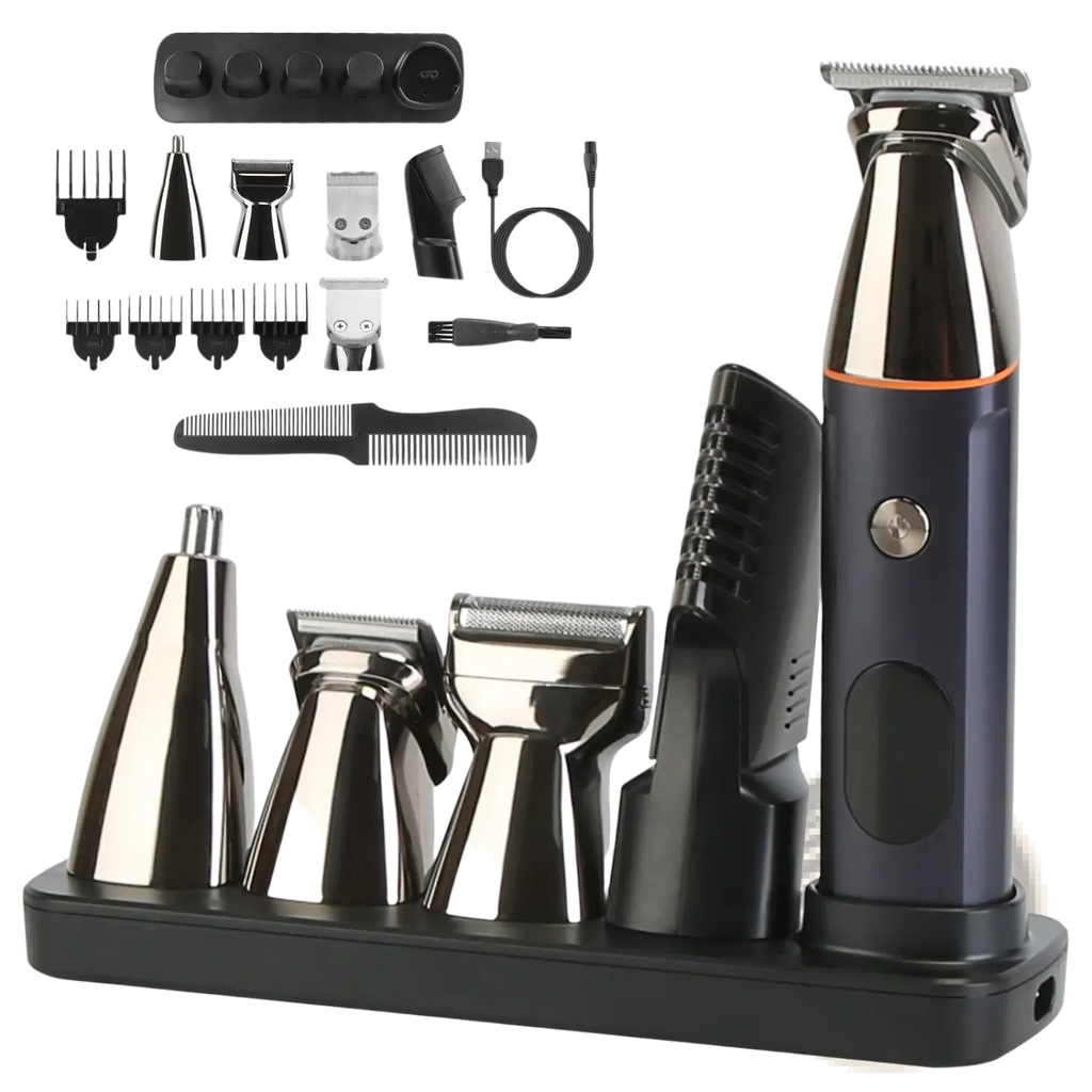 Navy blue and chrome beard trimmer for men 5 in 1 ipx5 waterproof kit with multiple attachments for grooming