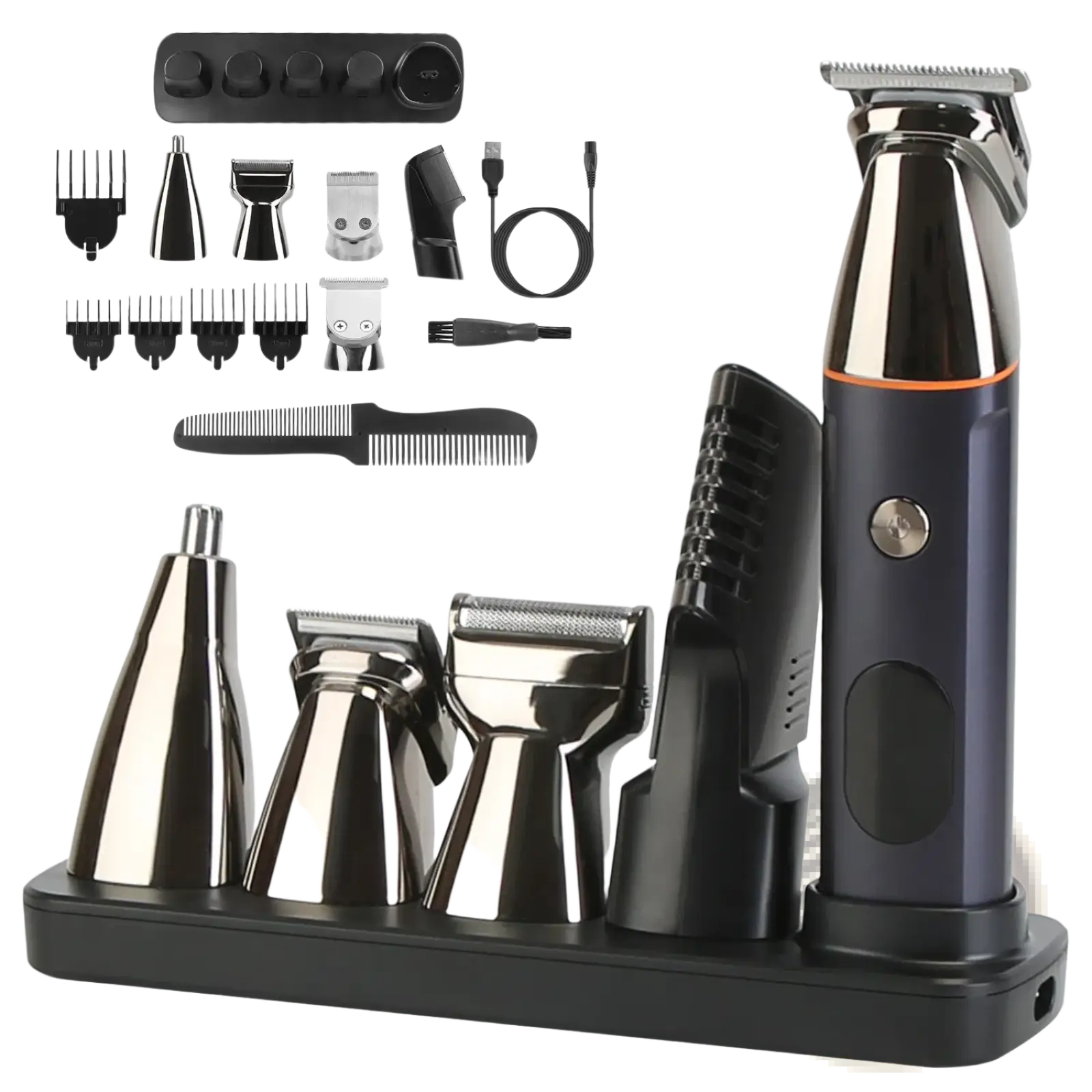 Navy blue and chrome beard trimmer for men 5 in 1 ipx5 waterproof kit with multiple attachments for grooming