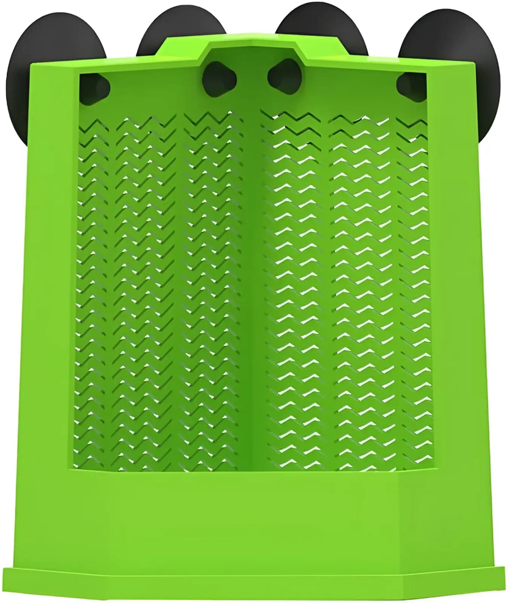 Bright green plastic bearded dragon corner feeder with black suction cups and patterned perforated front panel