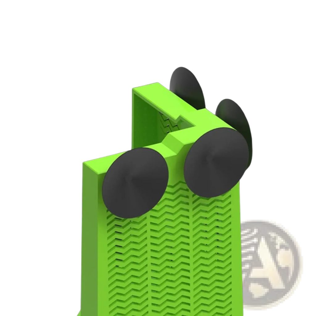Bright green plastic bearded dragon corner feeder with black suction cups and textured wavy surface for mounting