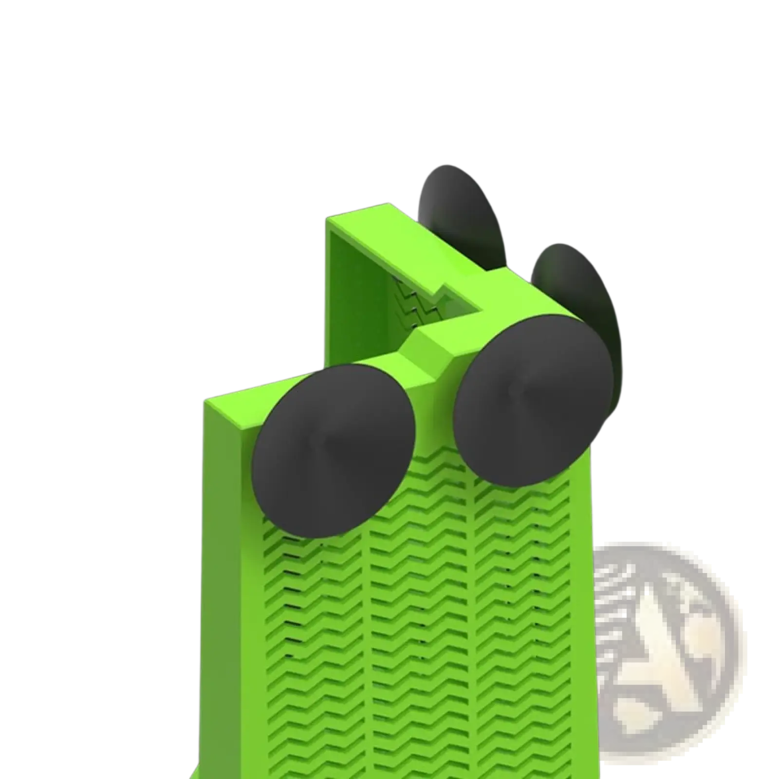 Bright green plastic bearded dragon corner feeder with black suction cups and textured wavy surface for mounting